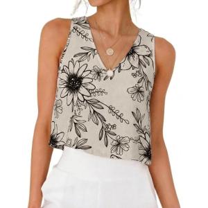 image:imageIDEALSANXUN Womens V Neck Cropped Linen Tank Tops Spring Summer Sleeveless ShirtsFloral Cream Black