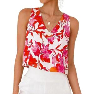 image:imageIDEALSANXUN Womens V Neck Cropped Linen Tank Tops Spring Summer Sleeveless ShirtsFloral Red
