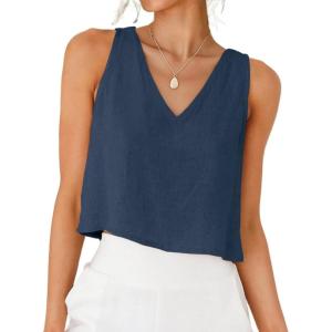 image:imageIDEALSANXUN Womens V Neck Cropped Linen Tank Tops Spring Summer Sleeveless ShirtsSlate Blue