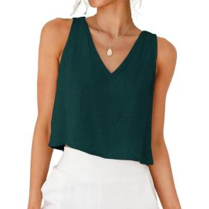 image:imageIDEALSANXUN Womens V Neck Cropped Linen Tank Tops Spring Summer Sleeveless ShirtsTeal