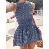 image:imageIDEALSANXUN Womens Gingham Smocked Mini Dress Spring Summer High Neck Sleeveless Plaid DressesNavy