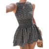 image:imageIDEALSANXUN Womens Gingham Smocked Mini Dress Spring Summer High Neck Sleeveless Plaid DressesBlack