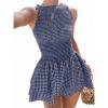image:imageIDEALSANXUN Womens Gingham Smocked Mini Dress Spring Summer High Neck Sleeveless Plaid DressesNavy