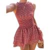 image:imageIDEALSANXUN Womens Gingham Smocked Mini Dress Spring Summer High Neck Sleeveless Plaid DressesWine