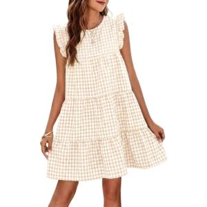 image:imageIDEALSANXUN Womens Gingham Dress Spring Summer Beach Casual Cap Sleeve Tiered A Line Mini DressesBeige