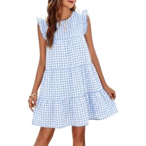 image:imageIDEALSANXUN Womens Gingham Dress Spring Summer Beach Casual Cap Sleeve Tiered A Line Mini DressesLight Blue