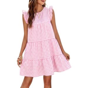 image:imageIDEALSANXUN Womens Gingham Dress Spring Summer Beach Casual Cap Sleeve Tiered A Line Mini DressesPink