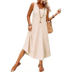 image:imageIDEALSANXUN Womens Gingham Dress Spring Summer Beach Casual Sleeveless Midi SundressesKhaki