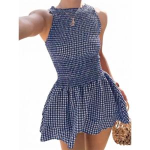 image:imageIDEALSANXUN Womens Gingham Smocked Mini Dress Spring Summer High Neck Sleeveless Plaid DressesNavy