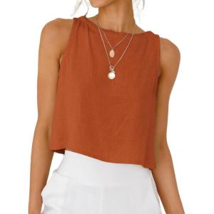 image:imageIDEALSANXUN Womens Linen Crop Tank Tops 2026 Spring Summer Beach Sleeveless TopsBrick Orange