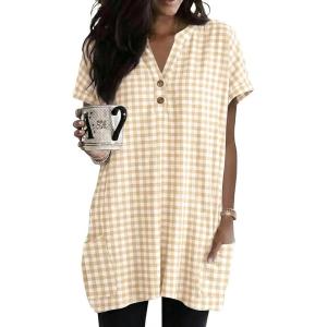 image:imageIDEALSANXUN Womens Gingham Dress Spring Summer Beach Casual Short Sleeve Plaid Mini DressesBeige