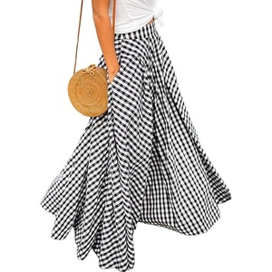 image:imageIDEALSANXUN Womens Gingham Maxi Skirt Spring Summer High Waisted Flowy Beach Boho Long Pleated SkirtBlack