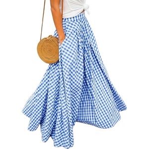 image:imageIDEALSANXUN Womens Gingham Maxi Skirt Spring Summer High Waisted Flowy Beach Boho Long Pleated SkirtBlue