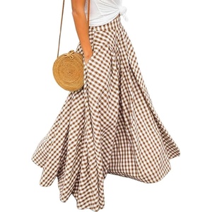 image:imageIDEALSANXUN Womens Gingham Maxi Skirt Spring Summer High Waisted Flowy Beach Boho Long Pleated SkirtBrown