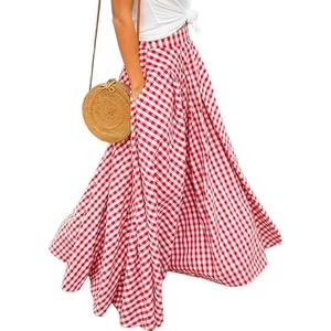 image:imageIDEALSANXUN Womens Gingham Maxi Skirt Spring Summer High Waisted Flowy Beach Boho Long Pleated SkirtRed