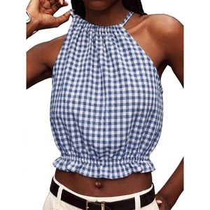 image:imageIDEALSANXUN Womens Crop Linen Halter Tops Summer High Neck Tank Tops Sleeveless ShirtsGingham Blue