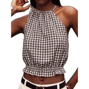 image:imageIDEALSANXUN Womens Crop Linen Halter Tops Summer High Neck Tank Tops Sleeveless ShirtsGingham Coffee