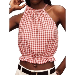 image:imageIDEALSANXUN Womens Crop Linen Halter Tops Summer High Neck Tank Tops Sleeveless ShirtsGingham Watermelon