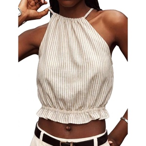 image:imageIDEALSANXUN Womens Crop Linen Halter Tops Summer High Neck Tank Tops Sleeveless ShirtsStriped Beige