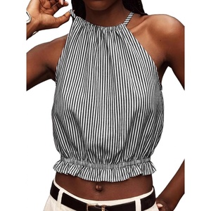 image:imageIDEALSANXUN Womens Crop Linen Halter Tops Summer High Neck Tank Tops Sleeveless ShirtsStriped Black