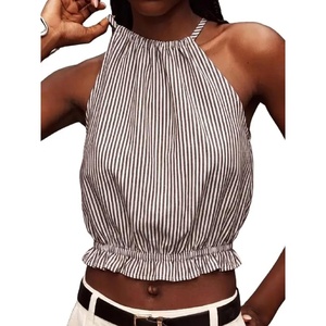 image:imageIDEALSANXUN Womens Crop Linen Halter Tops Summer High Neck Tank Tops Sleeveless ShirtsStriped Brown