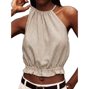 image:imageIDEALSANXUN Womens Crop Linen Halter Tops Summer High Neck Tank Tops Sleeveless ShirtsStriped Khaki