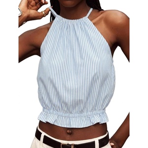 image:imageIDEALSANXUN Womens Crop Linen Halter Tops Summer High Neck Tank Tops Sleeveless ShirtsStriped Light Blue