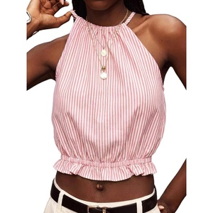 image:imageIDEALSANXUN Womens Crop Linen Halter Tops Summer High Neck Tank Tops Sleeveless ShirtsStriped Pink