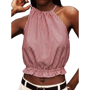 image:imageIDEALSANXUN Womens Crop Linen Halter Tops Summer High Neck Tank Tops Sleeveless ShirtsStriped Wine