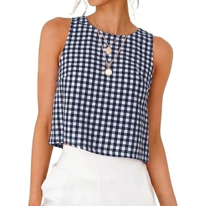 image:imageIDEALSANXUN Womens Gingham Crop Tank Tops 2026 Spring Summer Sleeveless Vest TopNavy
