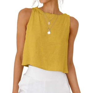 image:imageIDEALSANXUN Womens Linen Crop Tank Tops 2026 Spring Summer Beach Sleeveless TopsMustard Yellow
