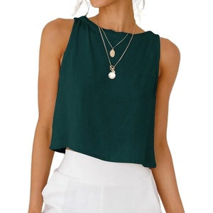 image:imageIDEALSANXUN Womens Linen Crop Tank Tops 2026 Spring Summer Beach Sleeveless TopsTeal