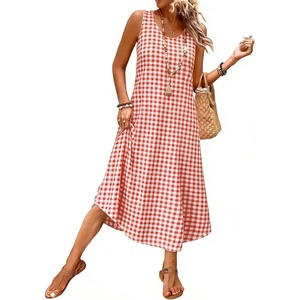 image:imageIDEALSANXUN Womens Gingham Dress Spring Summer Beach Casual Sleeveless Midi SundressesWatermelon