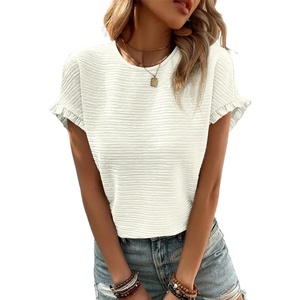 image:imageIDEALSANXUN Womens Ruffle Short Sleeve Tops Dressy Casual Summer Crew Neck Textured Shirts Tee BlouseWhite