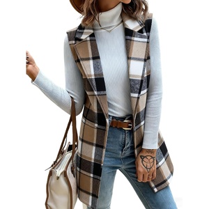 image:imageIDEALSANXUN Womens Wool Vest Fall Winter Long Sleeveless Blazer Jackets CardiganPlaid Brown New