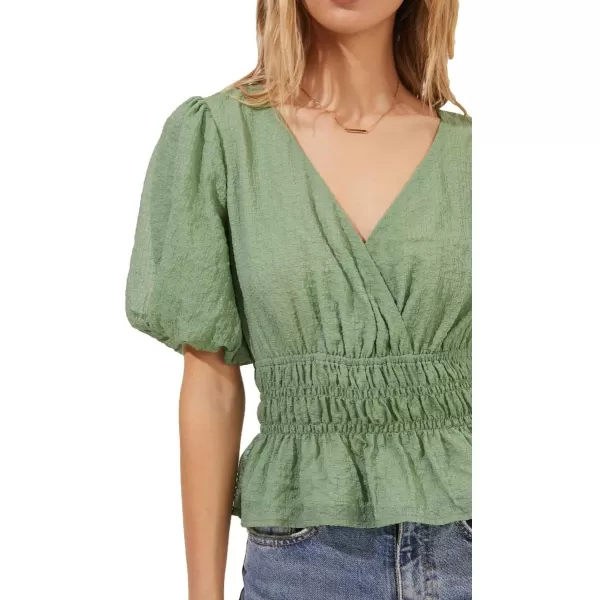 ASTR the label Crinkled Womens Surplice Puff Sleeve BlouseSage