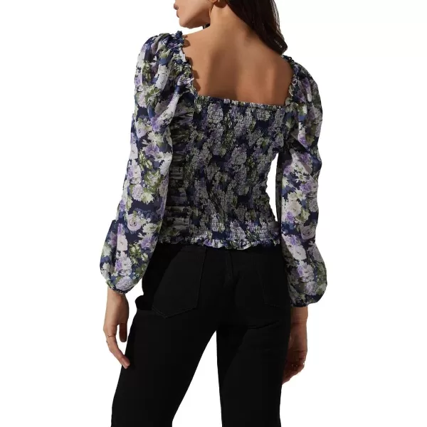 ASTR the label Womens Ruffled Floral Print Smocked Long Sleeve BlouseNavypurple Multi Floral