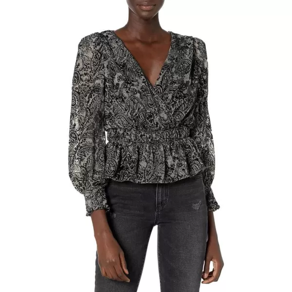 ASTR the label Womens Rebecca VNeck Long Sleeve Peplum TopBlack Paisley