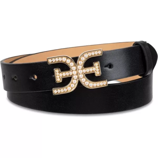Sam Edelman Womens Pearl Embellished Doublee Logo Plaque Buckle BeltBlack