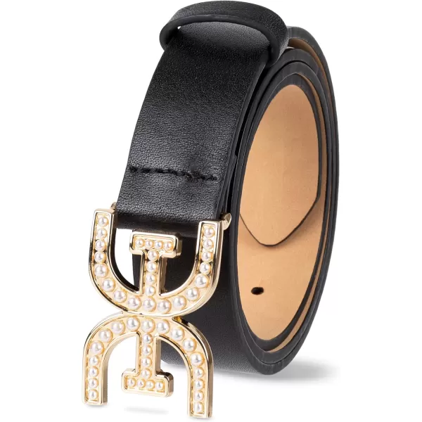 Sam Edelman Womens Imitation Pearl Embellished DoubleE Logo Plaque Buckle Leather Belt for Jeans Dresses and TrousersBlack