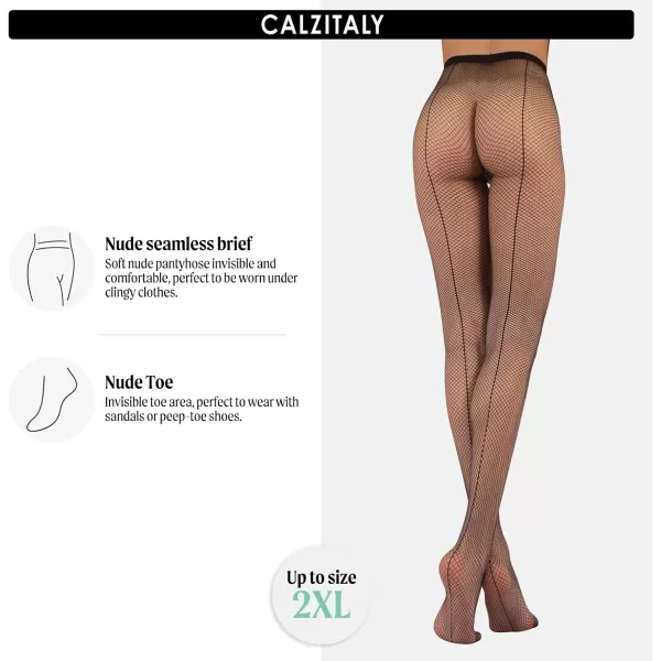 CALZITALY Fishnet Tights with Back Seam Seamed Fishnet Pantyhose Italian HosieryBlack