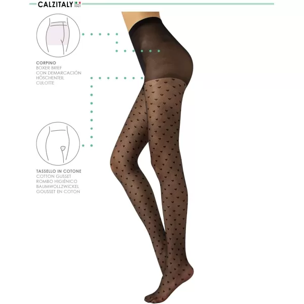 CALZITALY  Sheer Fashion Patterned Tights with Little Hearts  Black  SM LXL  20 DEN  Made in ItalyBlack