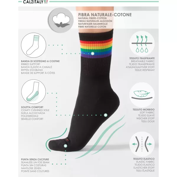 CALZITALY 2 Pairs Unisex Cotton Socks Rainbow Pattern Grey White Black 457 7510 10135 Made in ItalyBlack