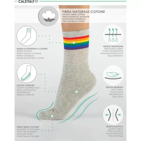 CALZITALY 2 Pairs Unisex Cotton Socks Rainbow Pattern Grey White Black 457 7510 10135 Made in ItalyGrey