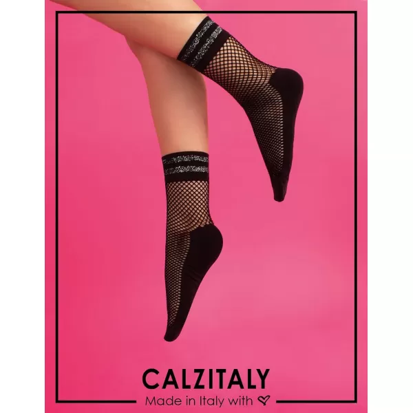 CALZITALY 4 Pairs Woman Fishnet Socks  Lurex Net Ankle Socks with Comfort Sole  White Black  One Size  Made in ItalyCALZITALY 4 Pairs Woman Fishnet Socks  Lurex Net Ankle Socks with Comfort Sole  White Black  One Size  Made in Italy