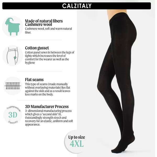 CALZITALY Cashmere Wool Tights  Fleece Lined Warm Pantyhose for Women S M L XL XXL 3XL 4XL 150 DENBlack