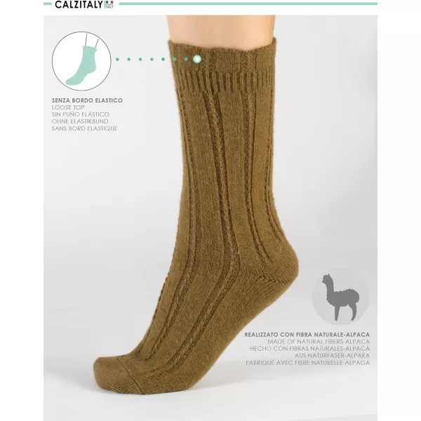 CALZITALY PACK 2 PAIRS Winter Cable Knitted Socks Alpaca Wool Socks Ladies Warm Socks One Size Made in ItalyBeigegreen