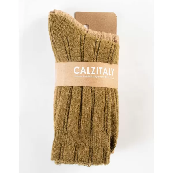 CALZITALY PACK 2 PAIRS Winter Cable Knitted Socks Alpaca Wool Socks Ladies Warm Socks One Size Made in ItalyBeigegreen