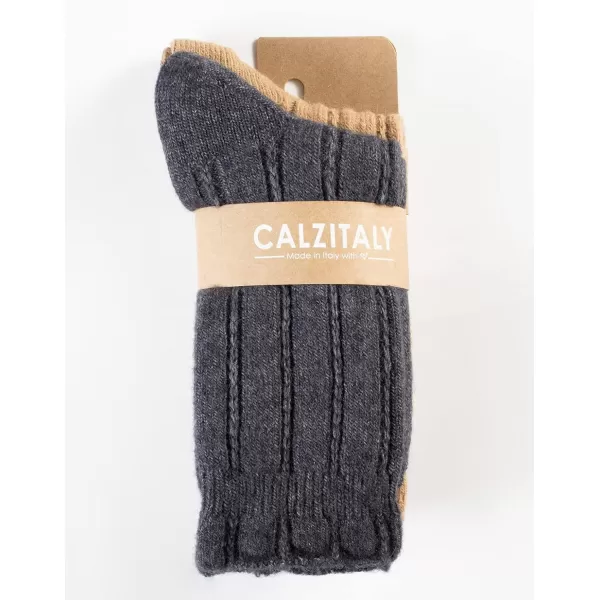 CALZITALY PACK 2 PAIRS Winter Cable Knitted Socks Alpaca Wool Socks Ladies Warm Socks One Size Made in ItalyBeigegrey