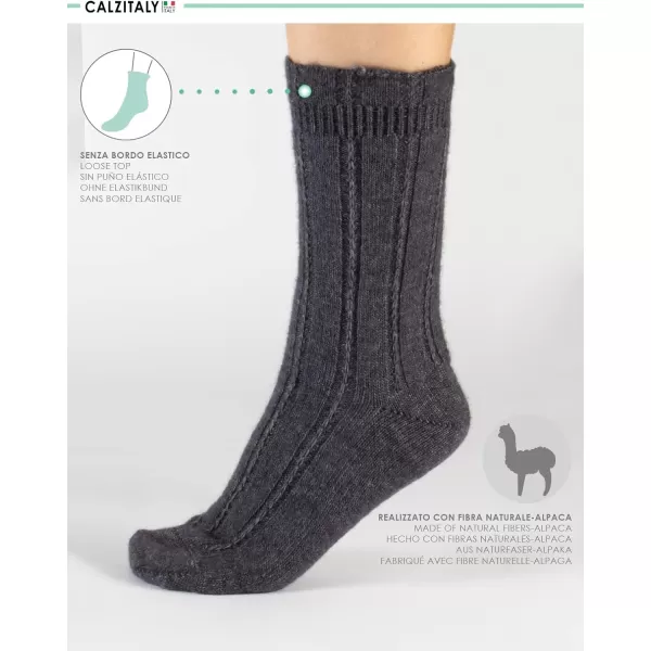 CALZITALY PACK 2 PAIRS Winter Cable Knitted Socks Alpaca Wool Socks Ladies Warm Socks One Size Made in ItalyBeigegrey